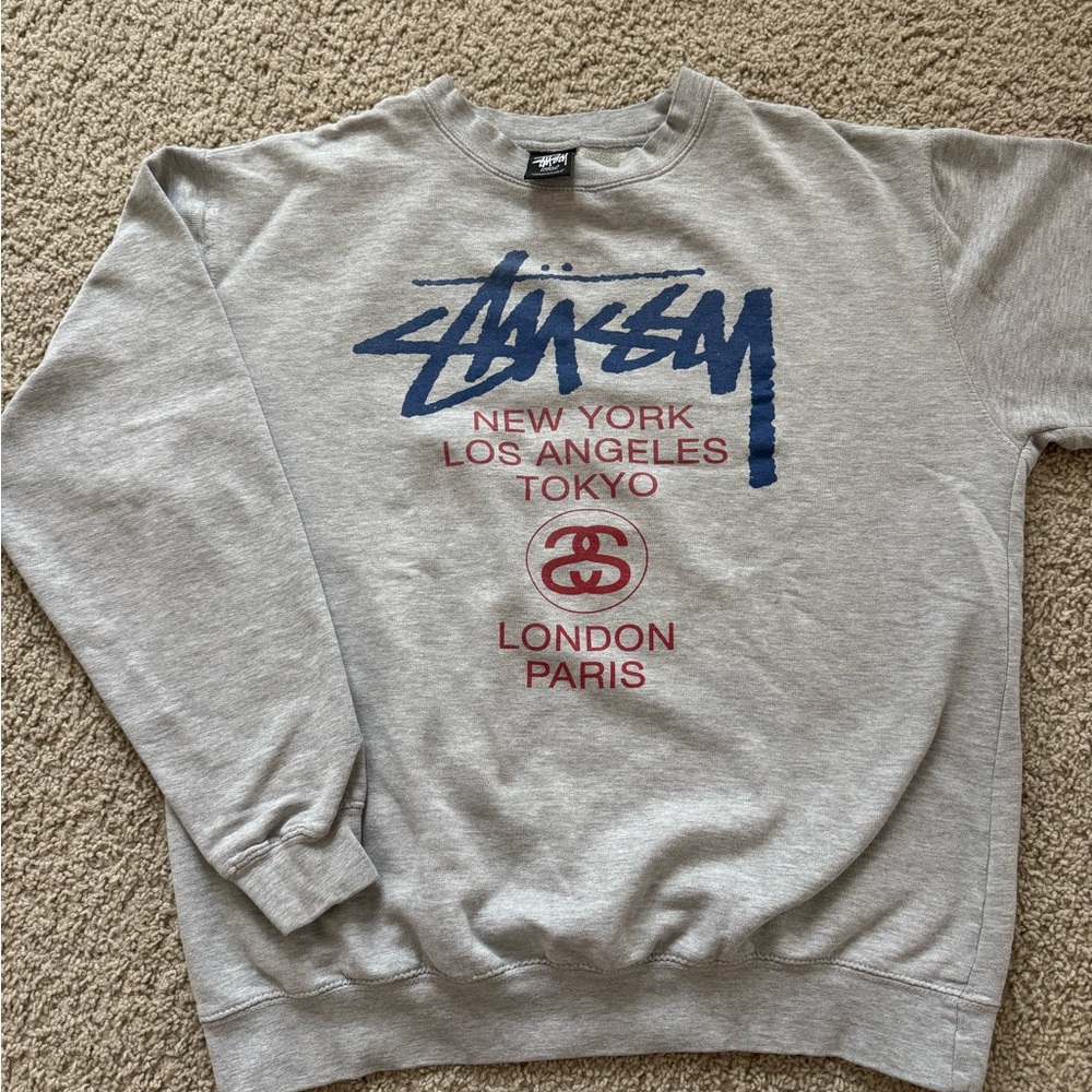 Stussy Gray Crewneck Sweater with Blue and Red Graphics